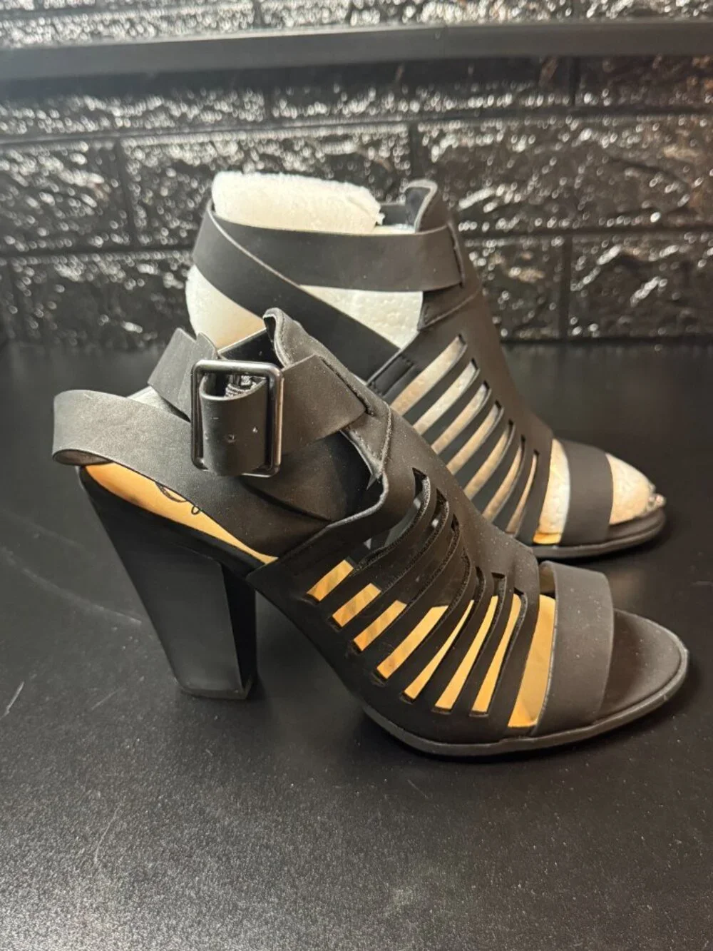 Soda Yummy Black Gladiator Block Heel Sandals | Cutout Ankle Strap